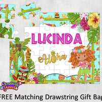 Hula Girl Luau Personalized Kids Puzzle With FREE Matching Drawstring Gift Bag - Something Sweet Party Favors LLC
