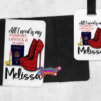 Passport, Lipstick & Red Pumps Personalized Passport Cover and Luggage Tag - Something Sweet Party Favors LLC